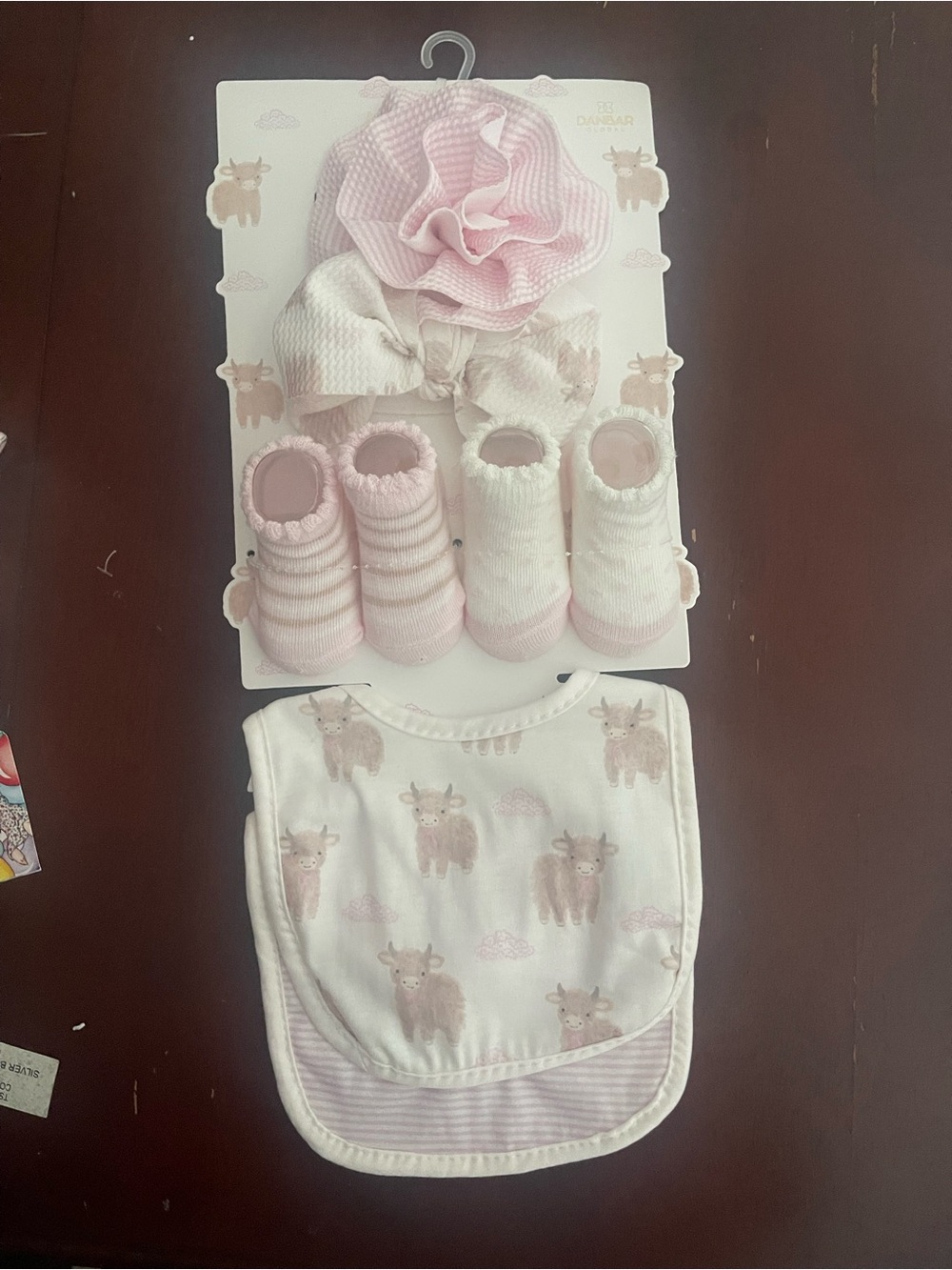 Highland Cow Baby Girls Pink Floral Bow and Bib Accessory Set